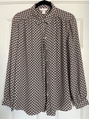 H&M Brown Cane Weave Print Long Sleeve Button Up Blouse Sz 14